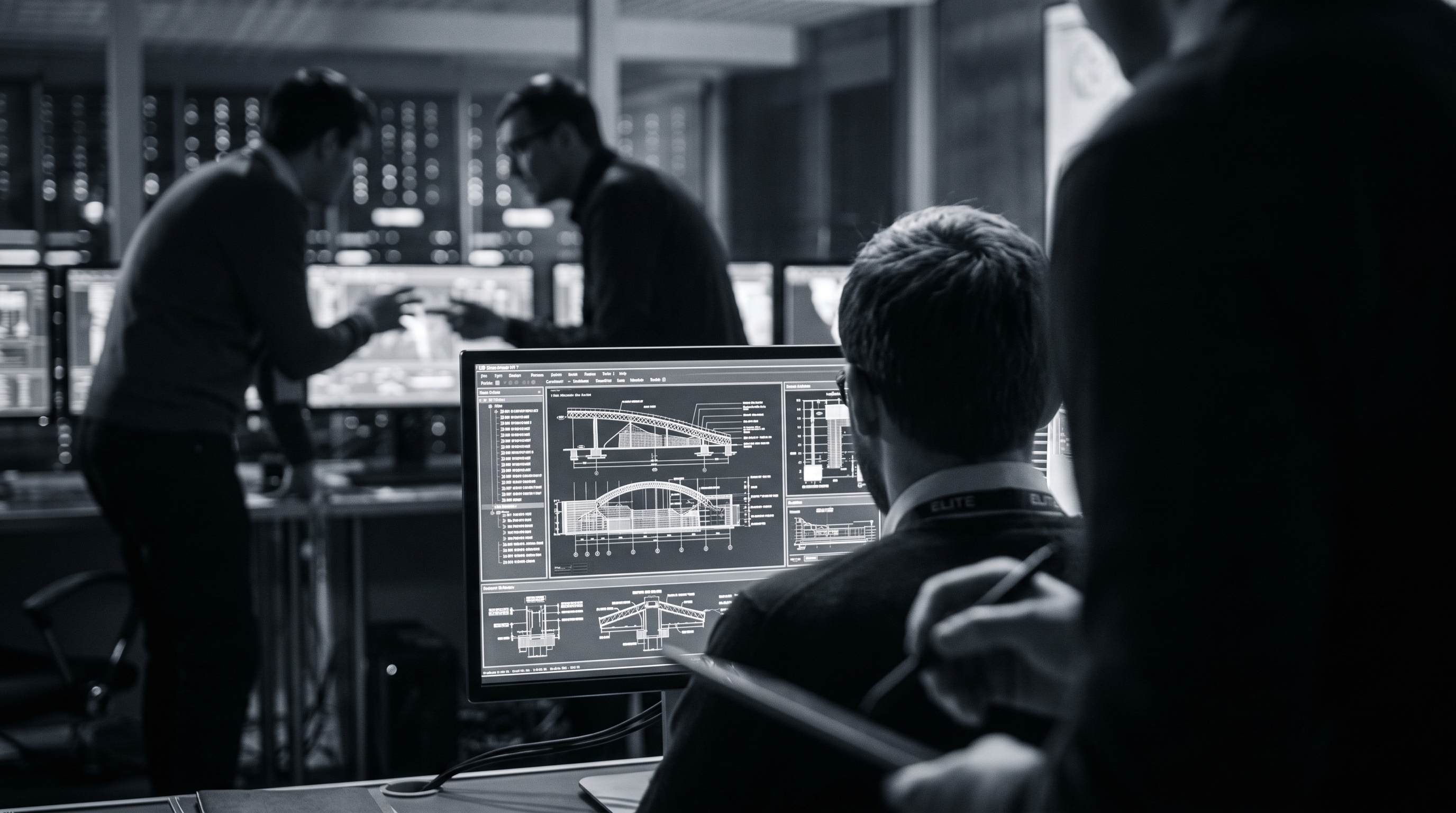 The Call Me Elite team in a control room, reviewing architecture plans